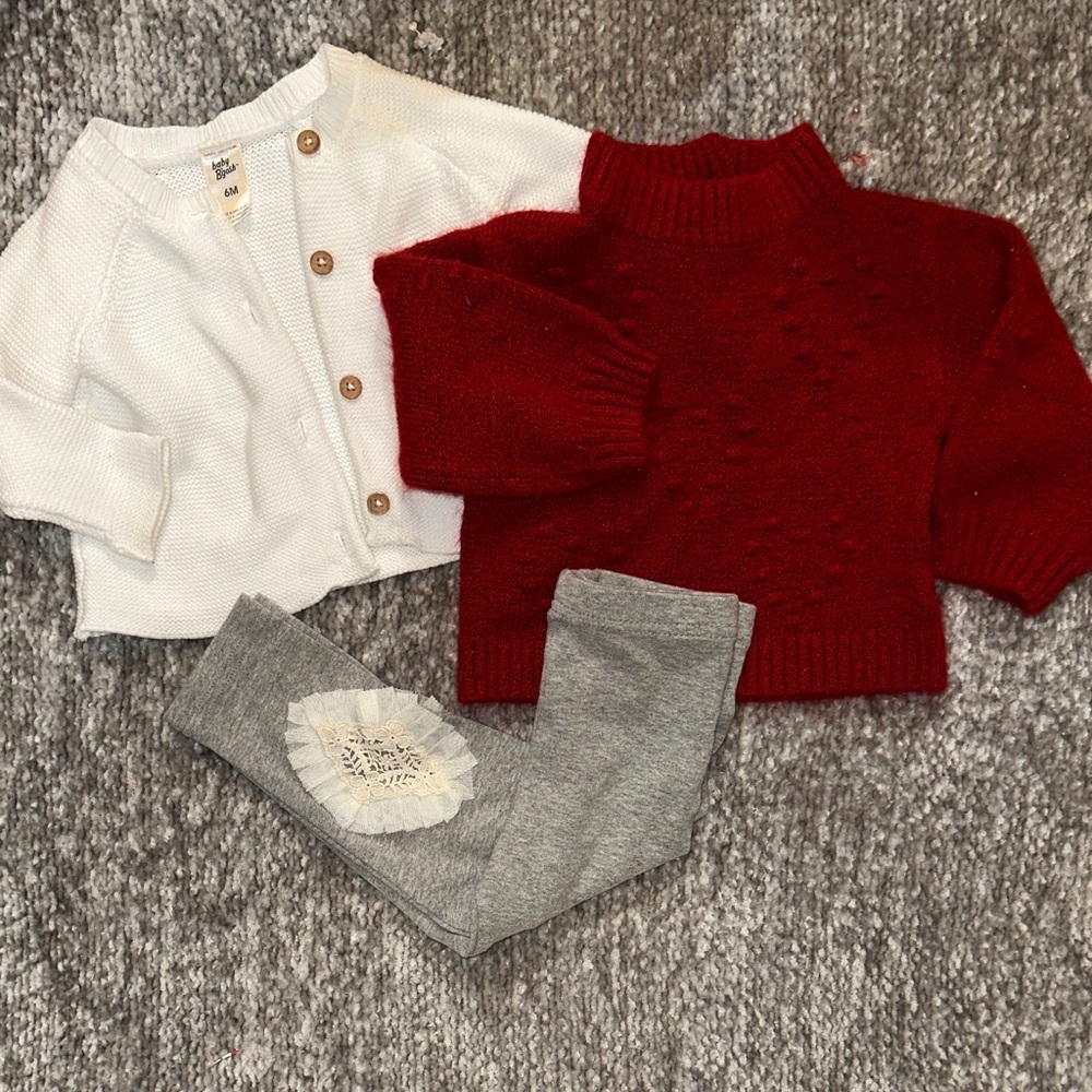 New/EUC girls Red Sweater, White Cardigan, and Gray Leggings Set 6/9 mo
